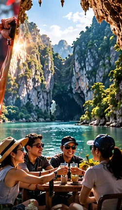Bạn bè thư giãn bên hồ sau cuộc đua