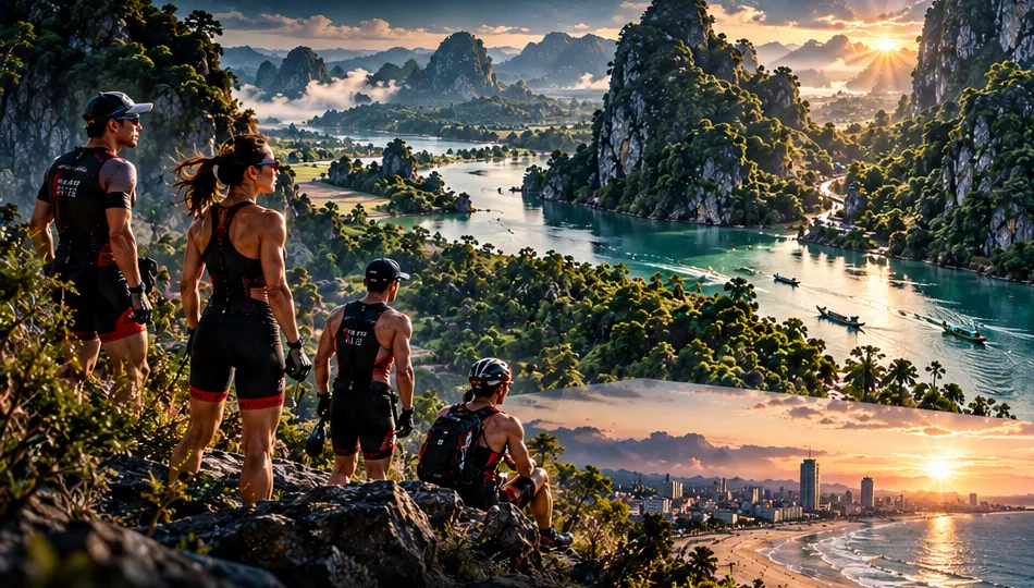Vận động viên ngắm núi đá vôi và dòng sông lúc hoàng hôn